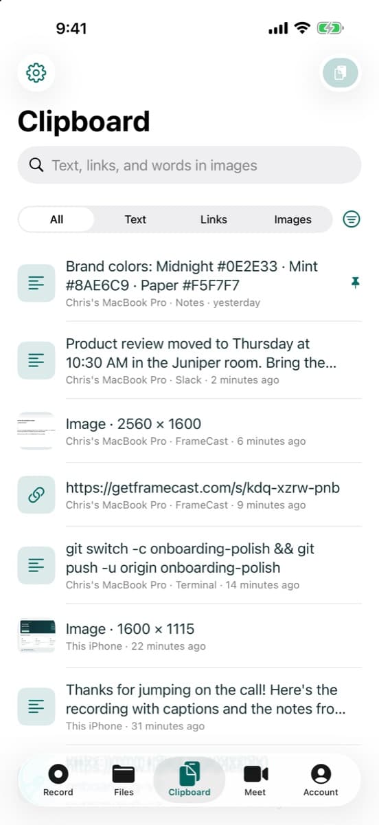 Clipboard history in the FrameCast iPhone app: a pinned note, a Slack message, images, a share link, and a terminal command copied on a MacBook Pro, with search for text, links, and words in images.