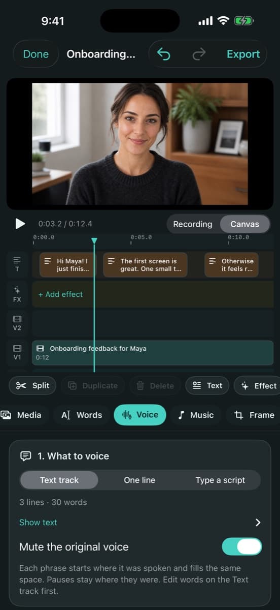 AI voice-over in the FrameCast iPhone editor: a text track of three lines on the timeline, with options to voice the text track, one line, or a typed script.