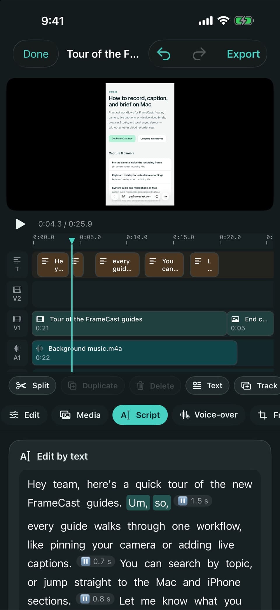 The iPhone video editor with a timeline, a transcript you can edit by tapping words, and Script and Voice-over tabs.