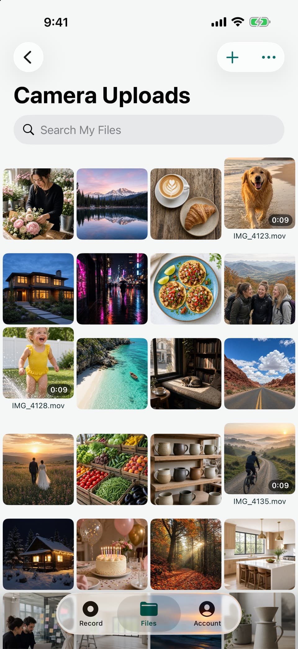 A Camera Uploads folder in FrameCast Files, shown as a grid of photos and videos on iPhone.