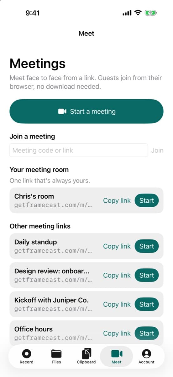 Meetings in the FrameCast iPhone app: start a meeting, join with a code or link, a personal meeting room, and saved links for a daily standup, a design review, and office hours.