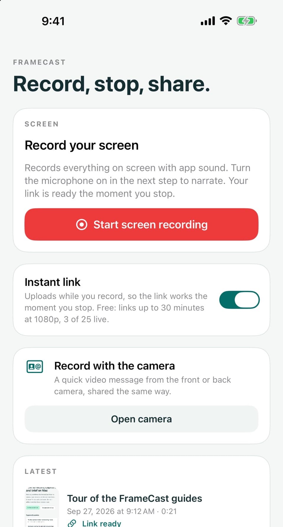 The FrameCast Record tab on iPhone, with Start screen recording, an Instant link switch, and Open camera.