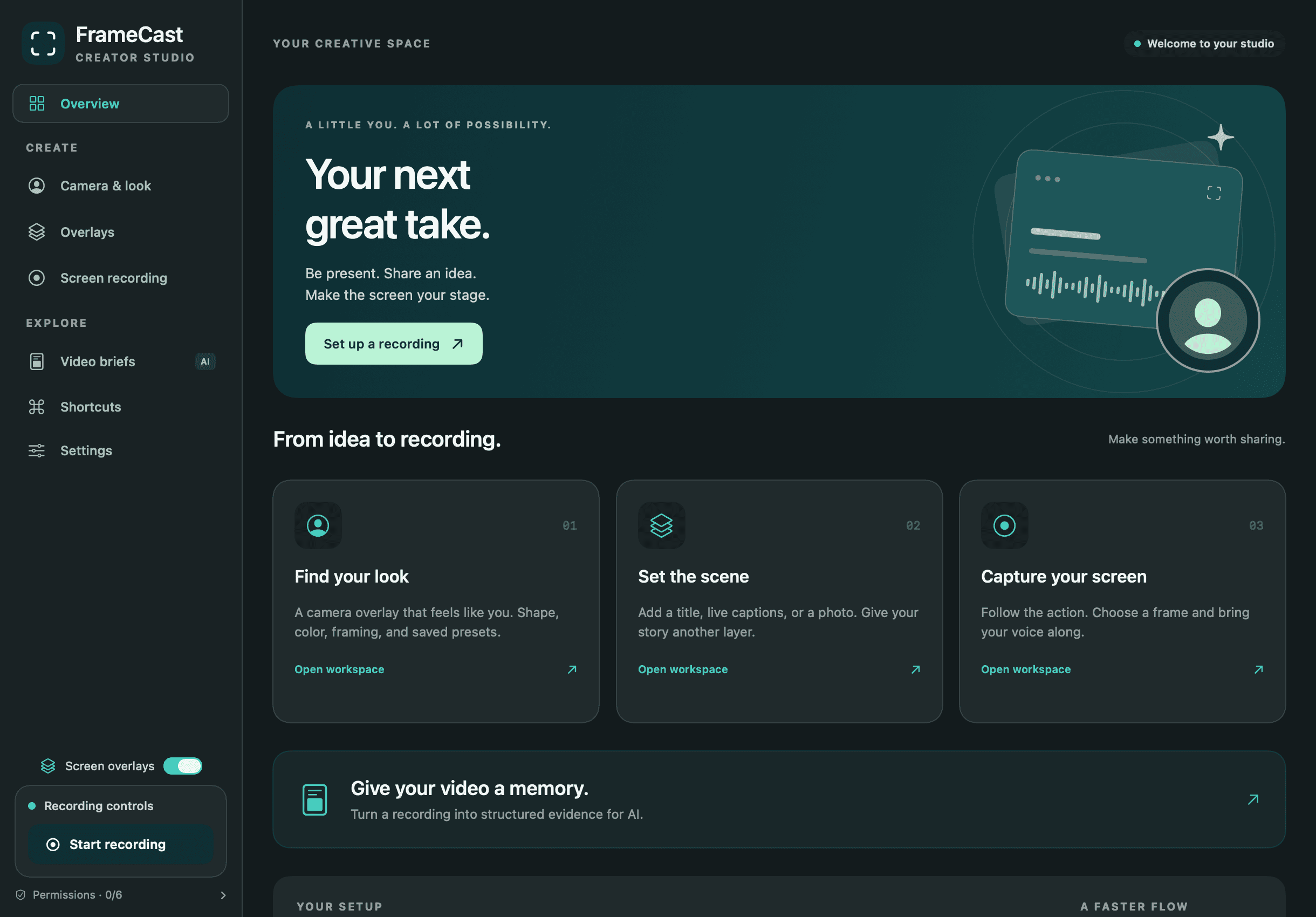 The FrameCast studio in dark mode.