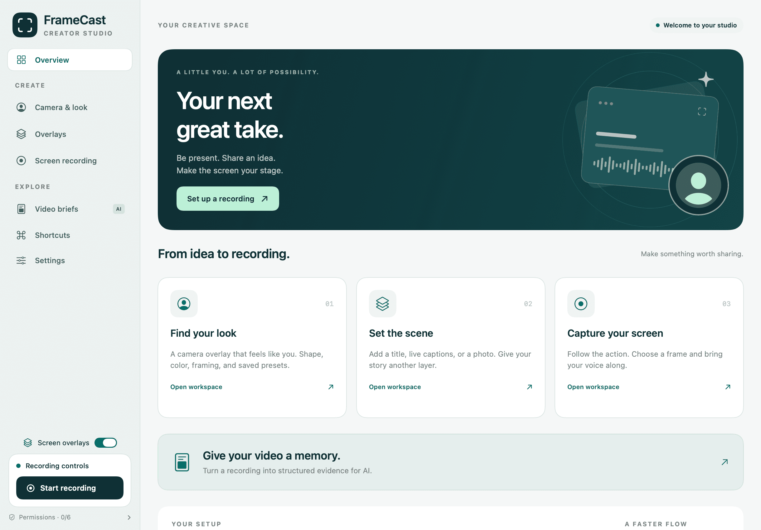 The FrameCast studio overview, with camera and look, overlays, screen recording, and video briefs in the sidebar.