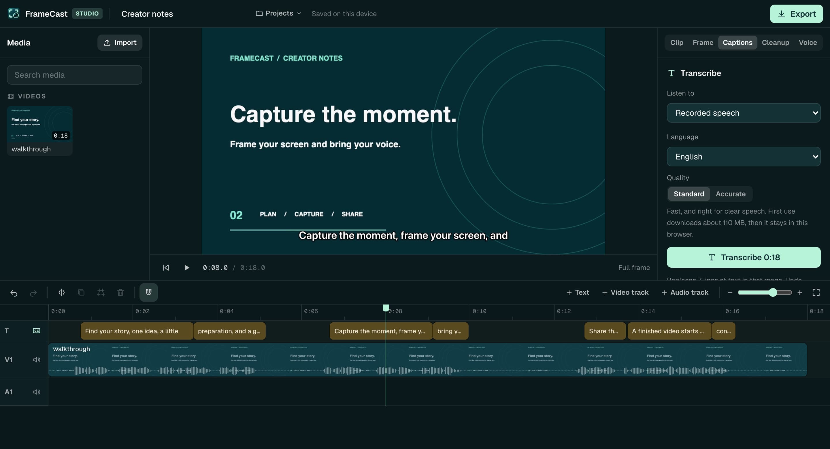 The FrameCast web editor: a clip on the timeline with a caption track from its transcript, a caption on the preview, and transcription settings in the inspector.