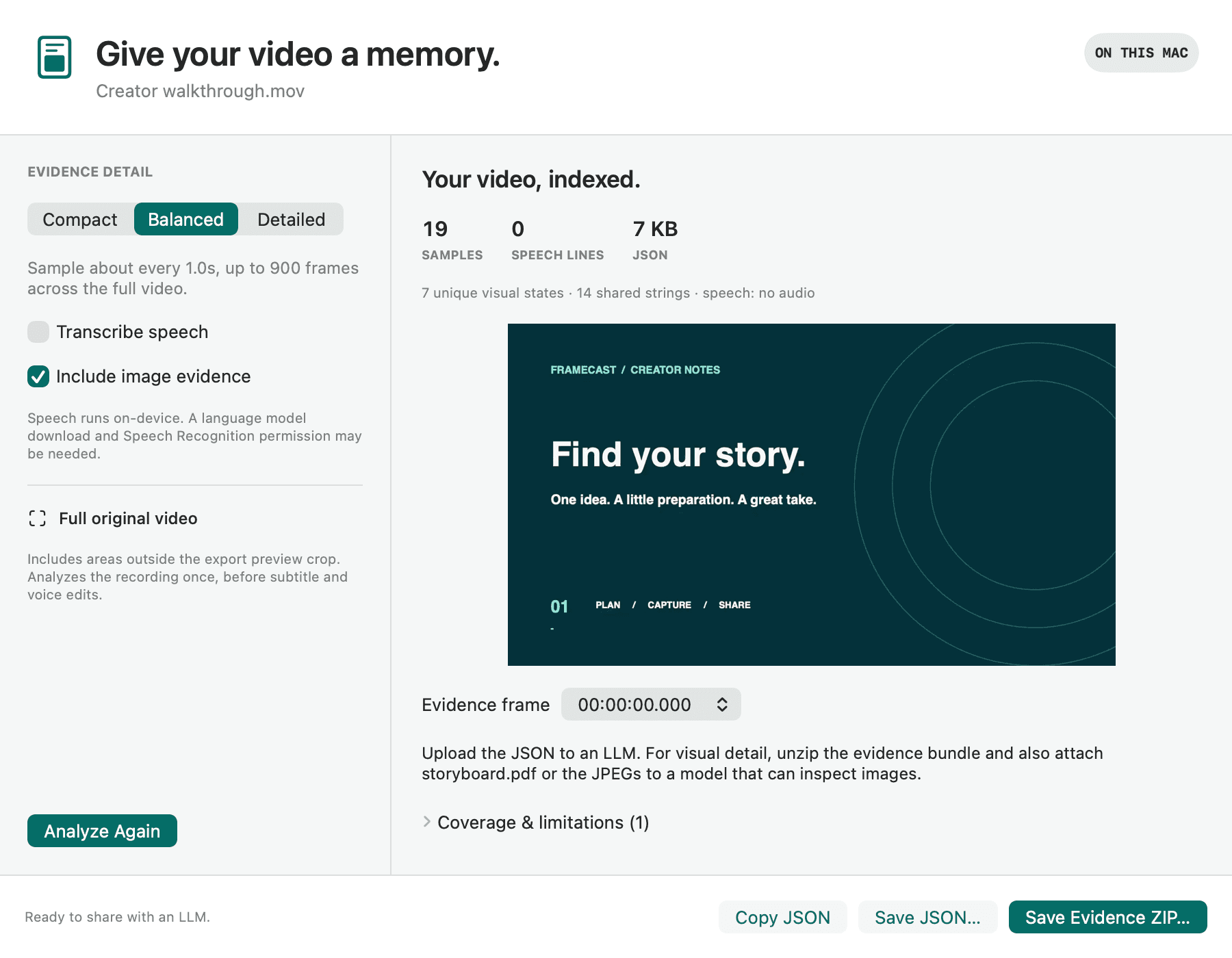 A finished video brief: samples indexed, an evidence frame preview, and buttons to copy the JSON or save an evidence ZIP.